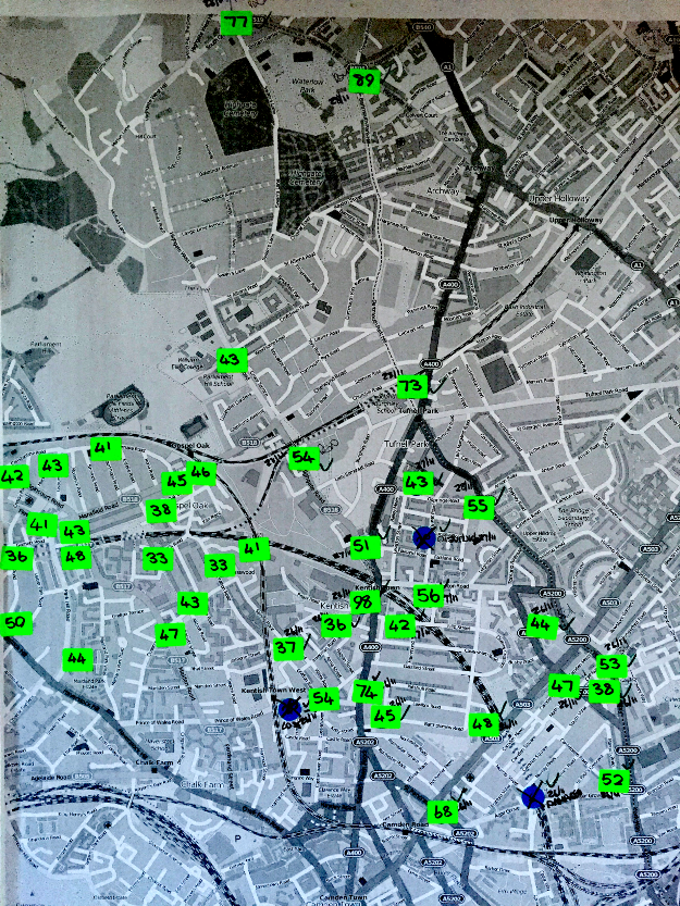 Map annotated with sites for measuring air pollution