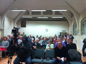 Audience at public meeting called by No to Silvertown Tunnel in Greenwich to announce results of their citizen science project, London October 2013